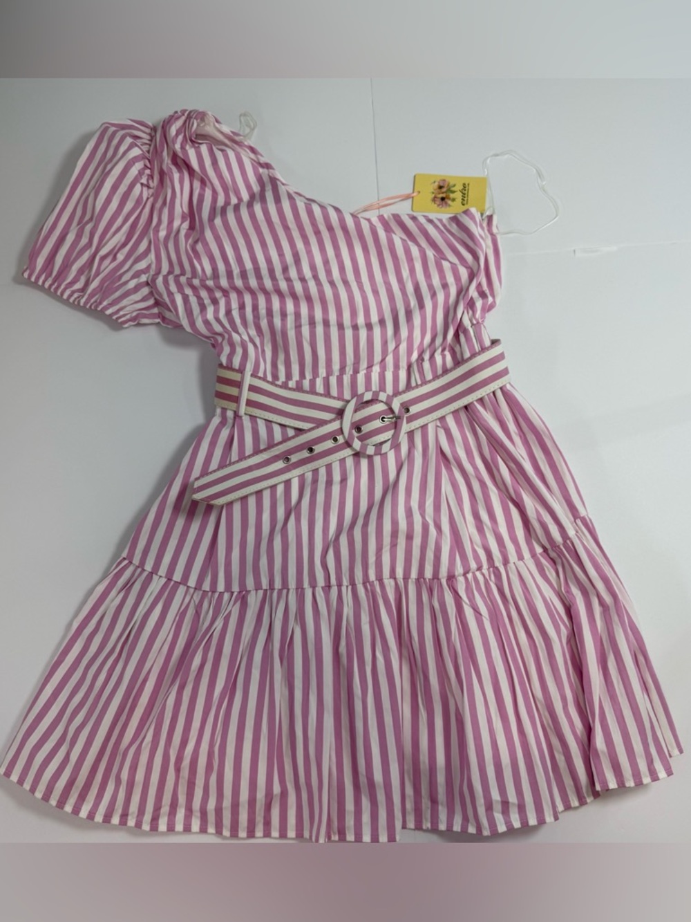 entro Pink & White Striped One-Shoulder Dress with Belt NWT spring summer party